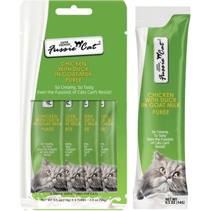 Fussie Cat Super Premium Chicken with Duck in Goat Milk Puree Lickable Cat Treats, 2-oz pouch, case of 4