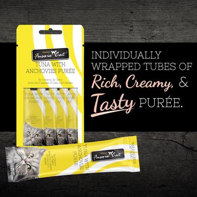 Show full view: Fussie Cat Tuna Anchovies Puree Lickable Cat Treats, 2-oz pouch slide 3 of 7
