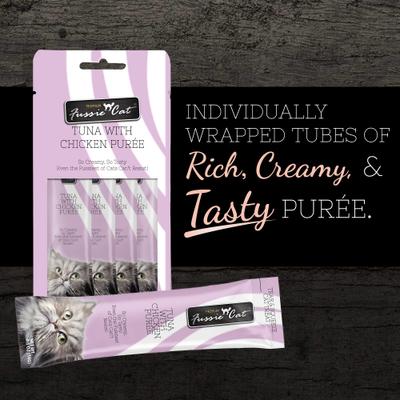 Show full view: Fussie Cat Tuna with Chicken Puree Lickable Cat Treats, 0.5-oz pouch, pack of 4 slide 3 of 7