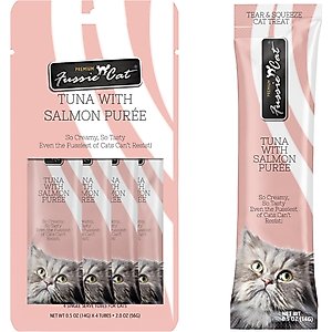 Fussie Cat Tuna with Salmon Puree Lickable Cat Treats, 0.5-oz pouch, pack of 4