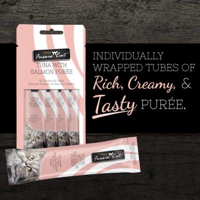 Show full view: Fussie Cat Tuna with Salmon Puree Lickable Cat Treats, 0.5-oz pouch, pack of 4 slide 3 of 8
