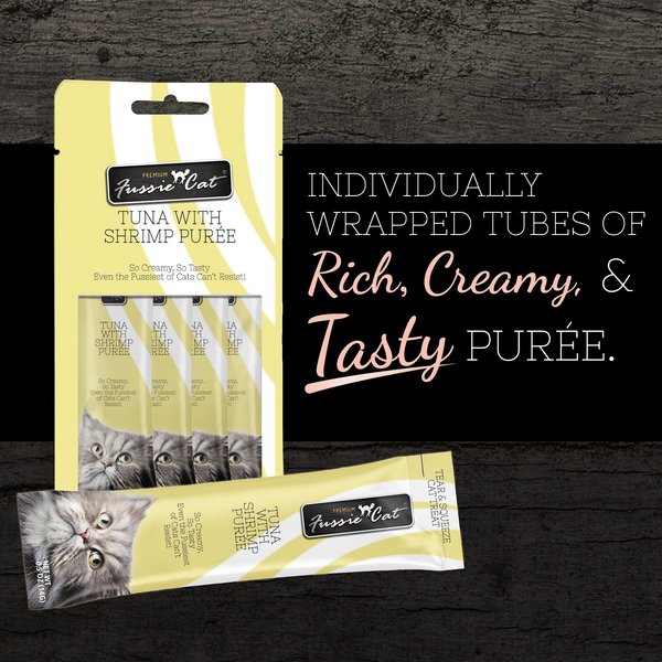 Fussie Cat Tuna with Shrimp Puree Lickable Cat Treats, 0.5-oz pouch, pack of 4