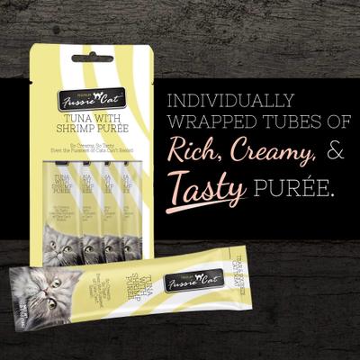 Show full view: Fussie Cat Tuna with Shrimp Puree Lickable Cat Treats, 0.5-oz pouch, pack of 4 slide 3 of 8