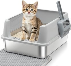 FUTAM Low Entry Stainless Steel Metal Covered Cat Litter Box with Lid & Scoop, Small slide 1 of 6
