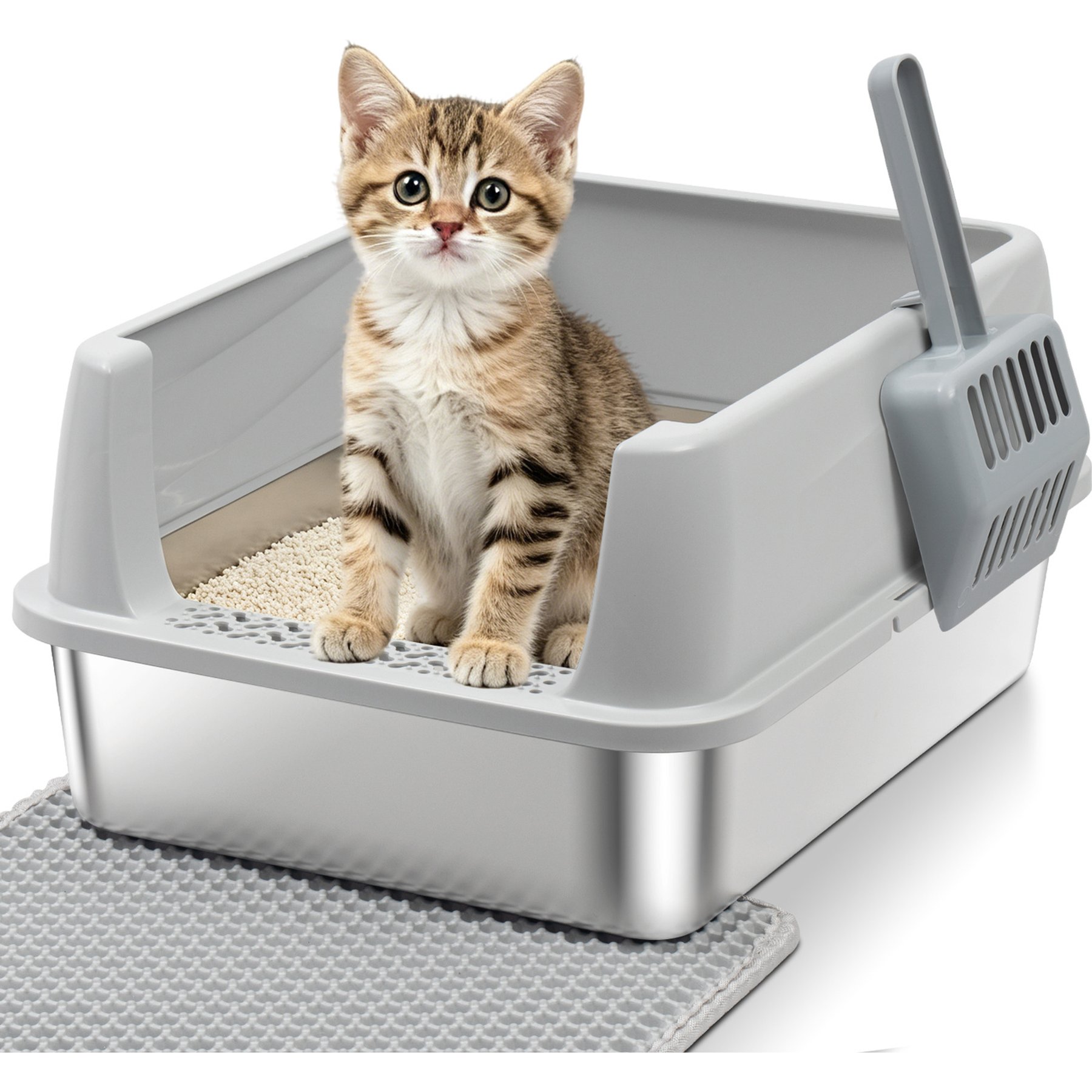 FUTAM Low Entry Stainless Steel Metal Covered Cat Litter Box with Lid & Scoop, Small