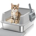 FUTAM Low Entry Stainless Steel Metal Covered Cat Litter Box with Lid & Scoop, Small