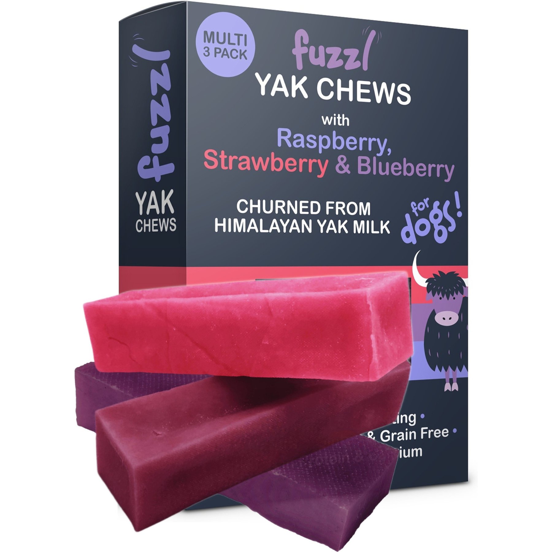 Fuzzl Himalayan Yak Cheese Raspberry, Blueberry, Strawberry Natural Dog Chew, 3 count, 7.9-oz box