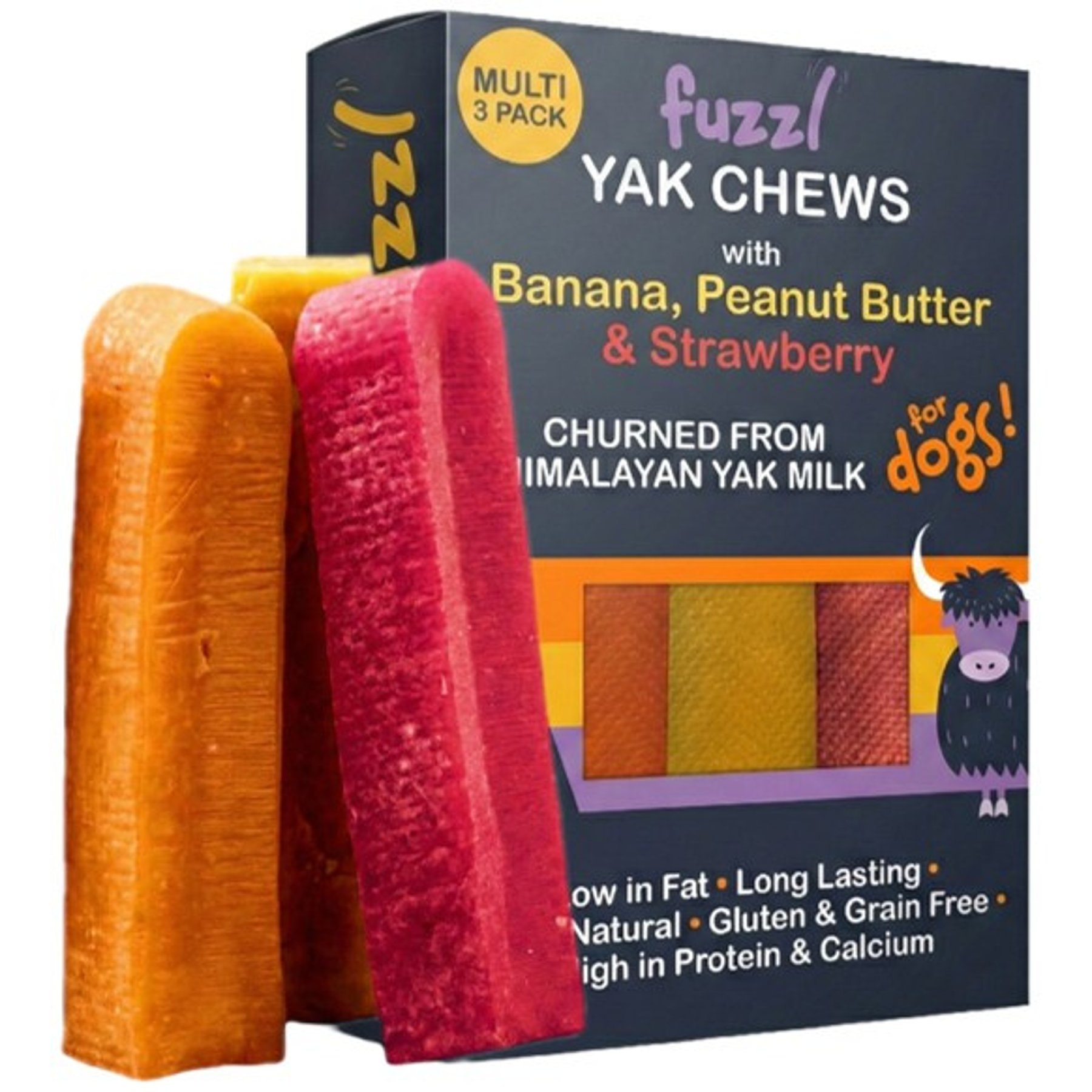 Fuzzl Yak Banana, Peanut Butter, Strawberry Cheese Natural Dog Chew, 3 count, 7.9-oz box