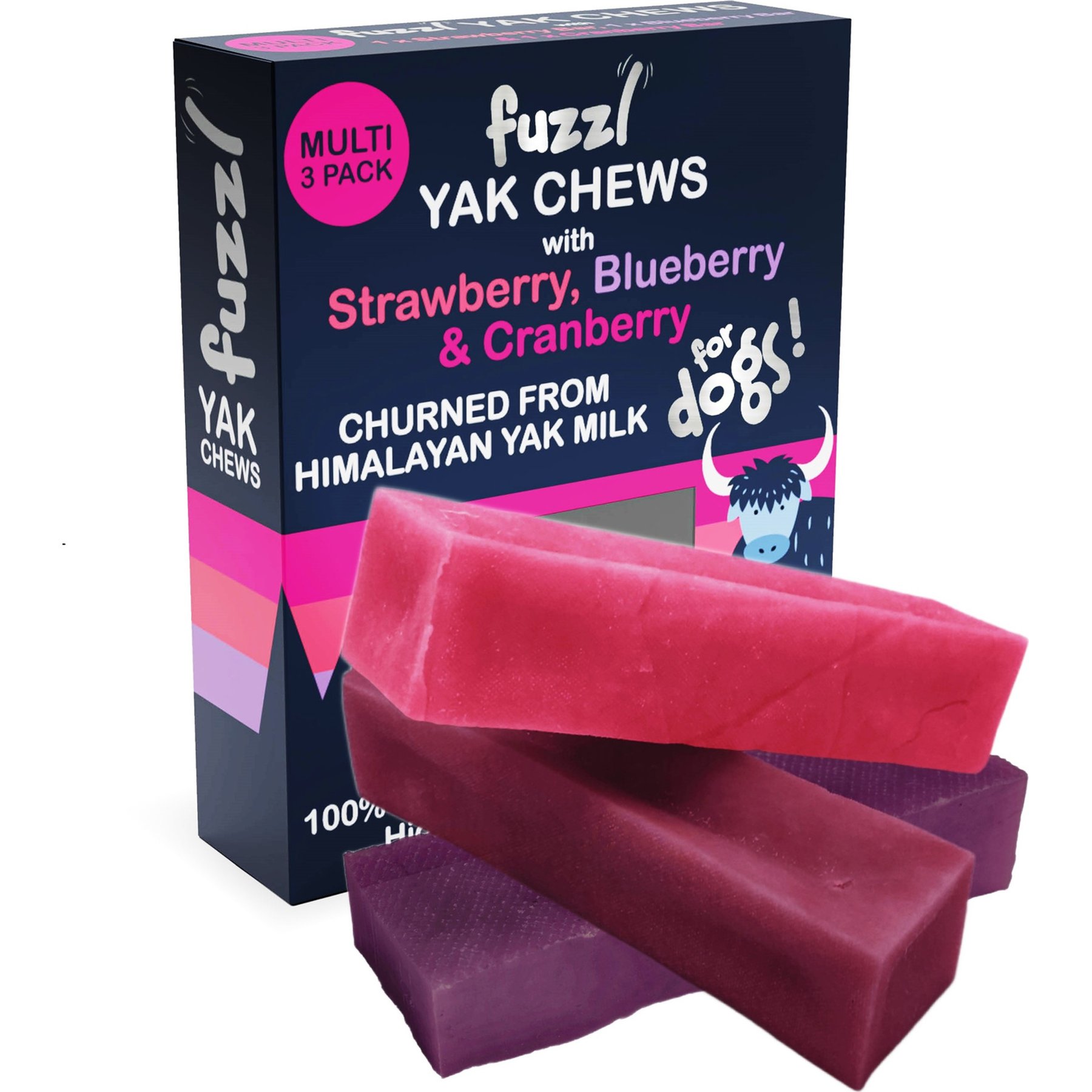 Fuzzl Yak Strawberry, Blueberry & Cranberry Cheese Natural Dog Chew, 3 count, 7.9-oz box
