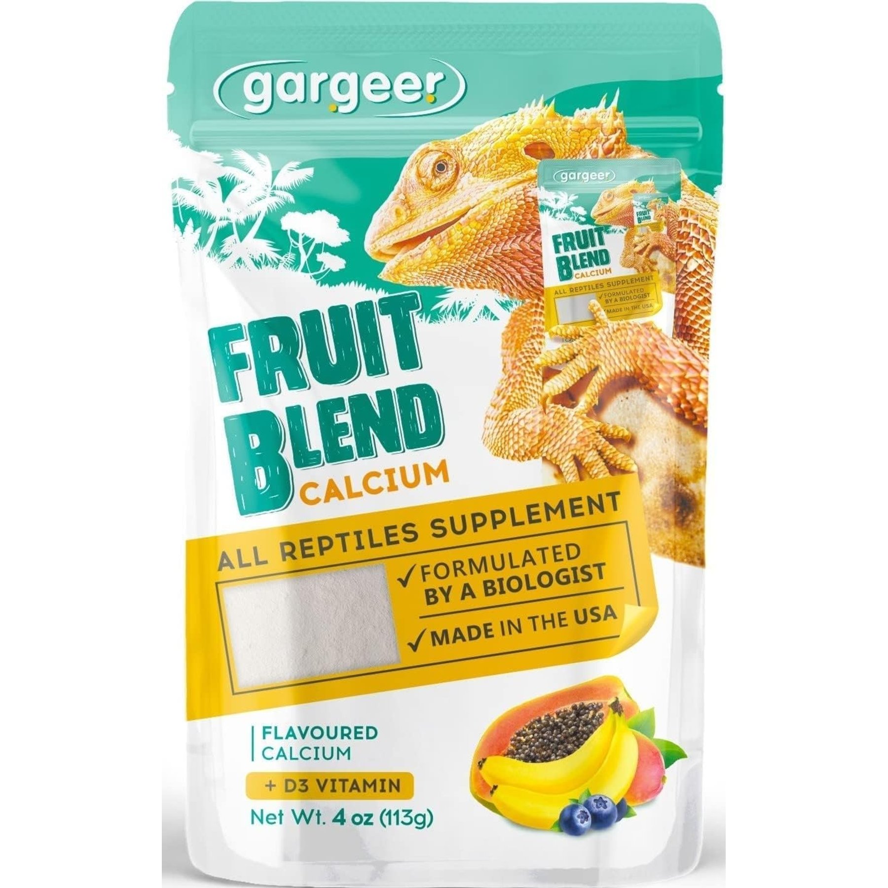 Gargeer Fruit Blend Calcium Powder with Vitamin D3 Reptile & Amphibian Supplement, 4-oz bag