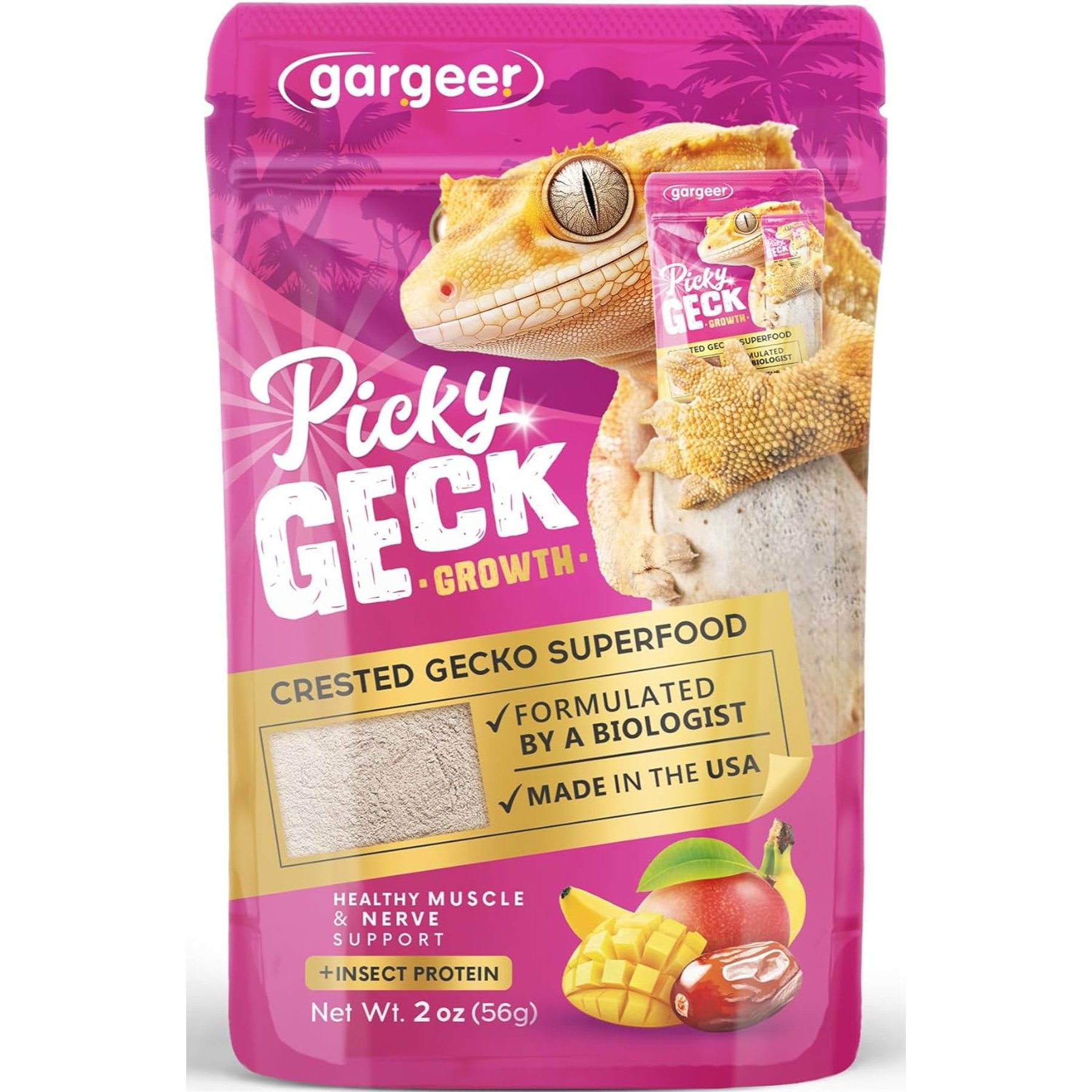 Gargeer Picky Geck Growth High-Protein Fruit Formula Bone & Muscle Premium Crested Gecko Food, 2-oz bag