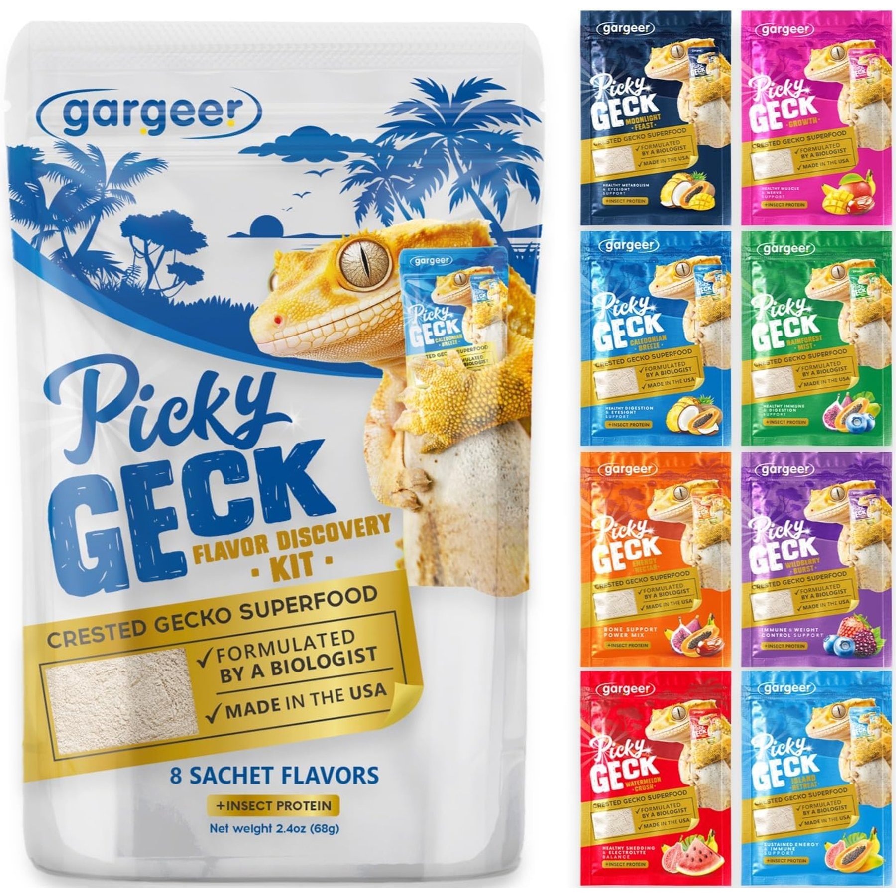 Gargeer Picky Geck Real Fruit & Insect Protein 8 Flavors Sachet Gecko Discovery Kit, 2.4-oz bag