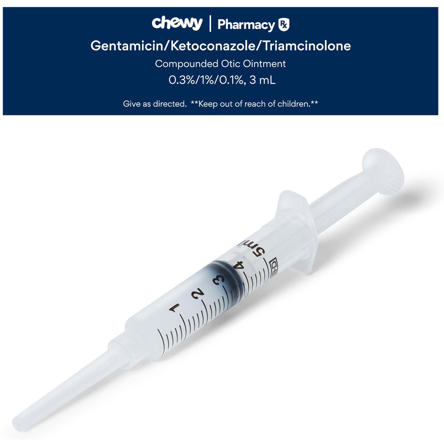Gentamicin/ Ketoconazole/ Triamcinolone (GKT) Compounded Otic Ointment, 0.3%/1%/0.1%, 3 mL for Veterinary use