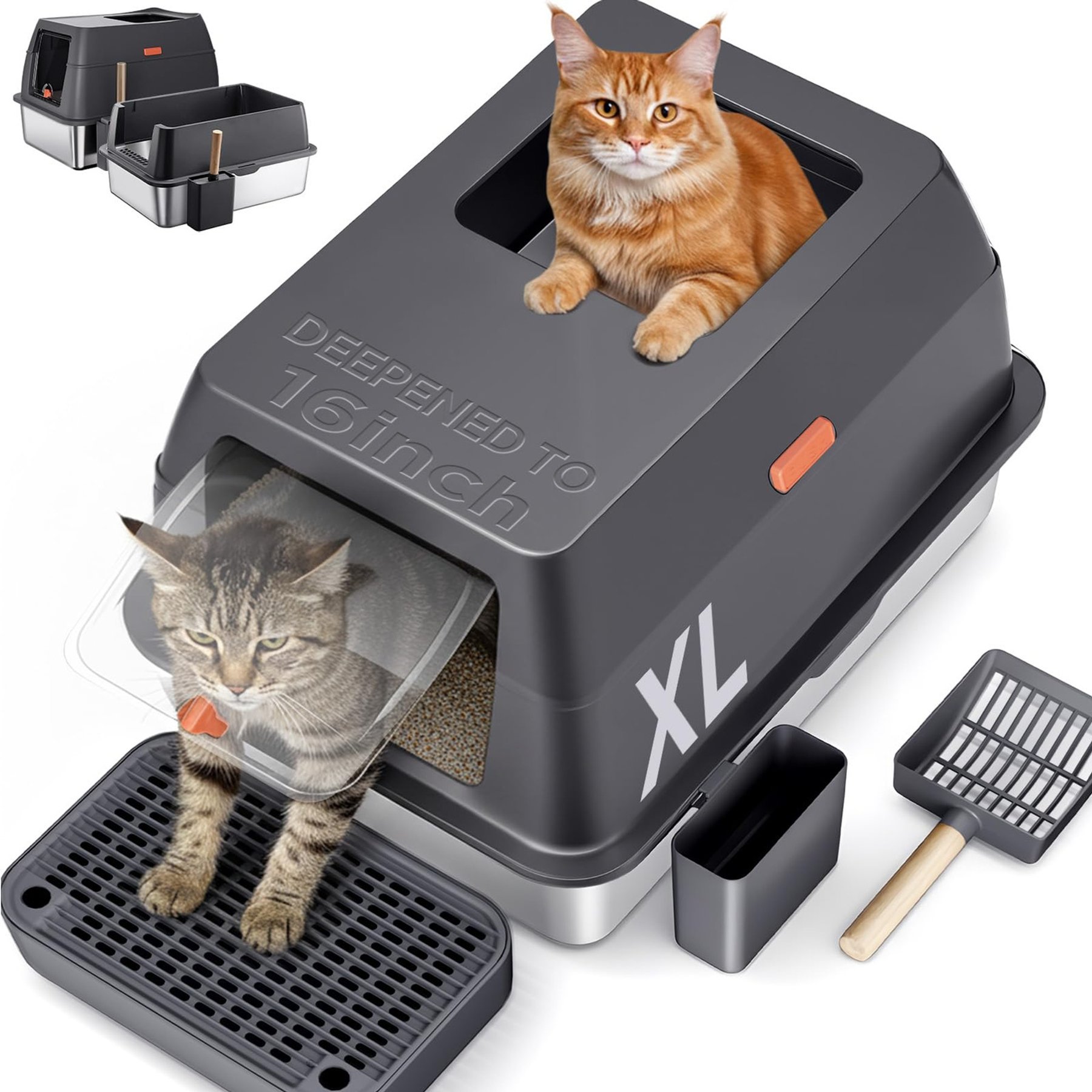 Gimars 3-in-1 Enclosed Dual Top Front Entry Stainless Steel 16-in High Walls, Leak-Proof, Odor Control Cat Litter Box, X-Large: 11-lb box