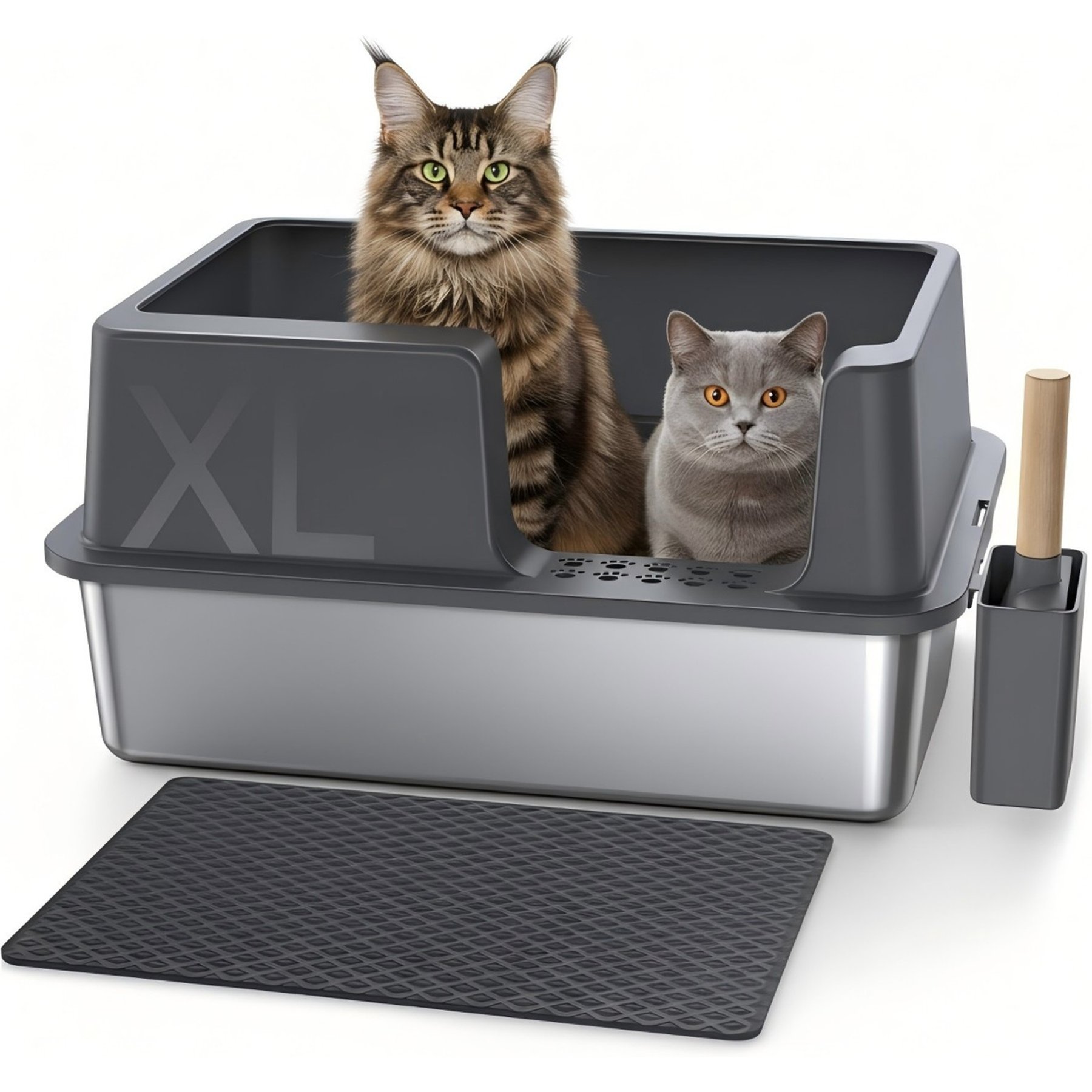 Gimars 36-L Stainless Steel High Sided Tray Leak-Proof with Scoop & Mat Covered Cat Litter Box, X-Large: 8-lb box