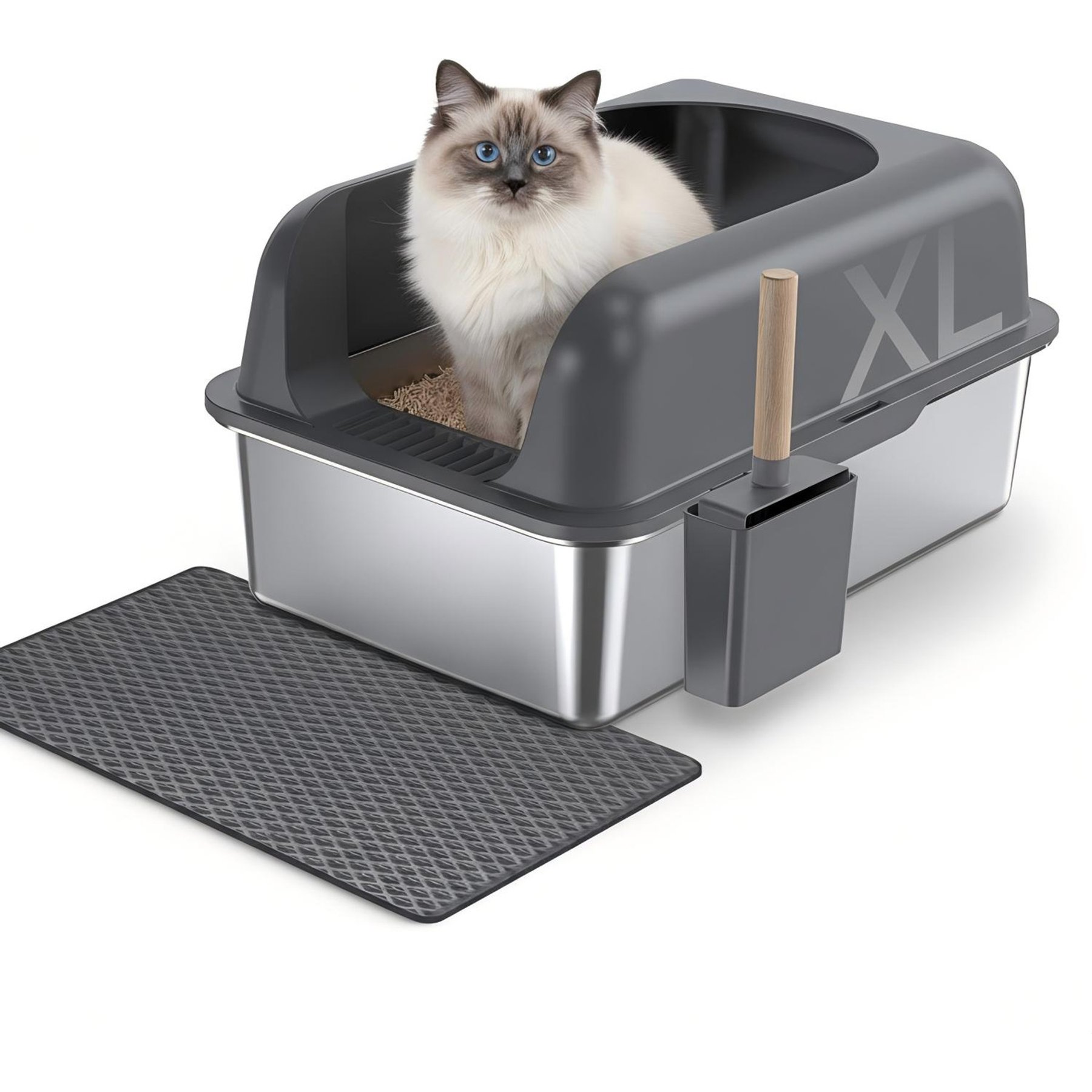 Gimars 36-L Stainless Steel Metal Tray with with Scoop & Mat Covered Cat Litter Box, X-Large: 8-lb box