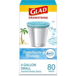 Glad Febreze Beachside Breeze Odor Resistant Drawstring Trash Bags, 4-gal, 80 count