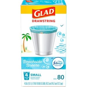 Glad Febreze Beachside Breeze Odor Resistant Drawstring Trash Bags, 4-gal, 80 count
