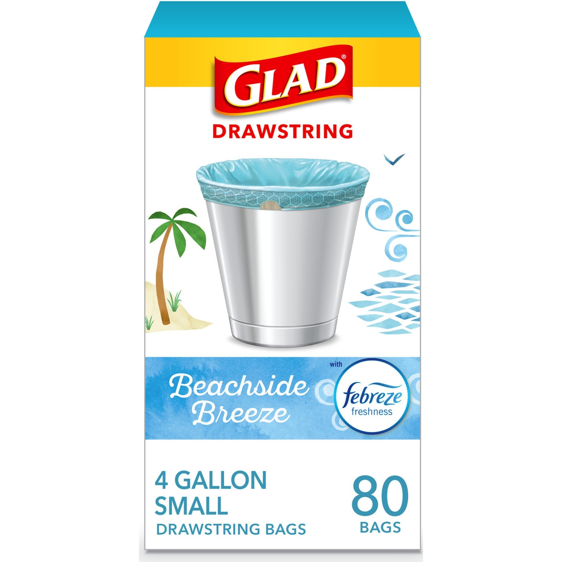 Glad Febreze Beachside Breeze Odor Resistant Drawstring Trash Bags, 4-gal, 80 count