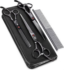 GLADOG Professional 5-in-1 Dog & Cat Grooming Scissors Kit with Comb, Black, 7-in, 4 count