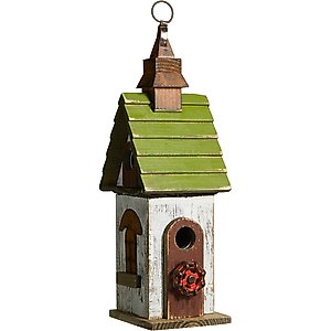 Glitzhome Distressed Solid Wood Birdhouse, White & Green