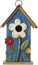 Glitzhome Distressed Solid Wood Birdhouse with 3D Flowers, Blue