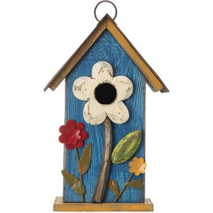 Glitzhome Distressed Solid Wood Birdhouse with 3D Flowers, Blue