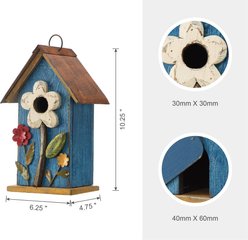 Glitzhome Distressed Solid Wood Birdhouse with 3D Flowers, Blue slide 2 of 8