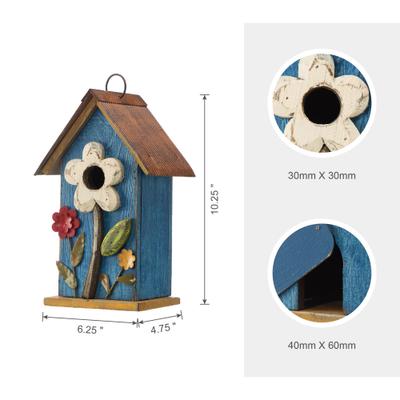 Show full view: Glitzhome Distressed Solid Wood Birdhouse with 3D Flowers, Blue slide 2 of 8