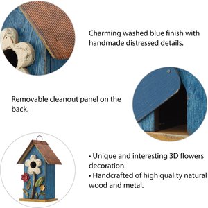 Glitzhome Distressed Solid Wood Birdhouse with 3D Flowers, Blue