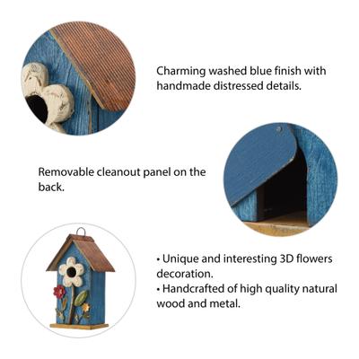 Show full view: Glitzhome Distressed Solid Wood Birdhouse with 3D Flowers, Blue slide 3 of 8