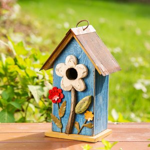 Glitzhome Distressed Solid Wood Birdhouse with 3D Flowers, Blue