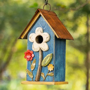 Glitzhome Distressed Solid Wood Birdhouse with 3D Flowers, Blue