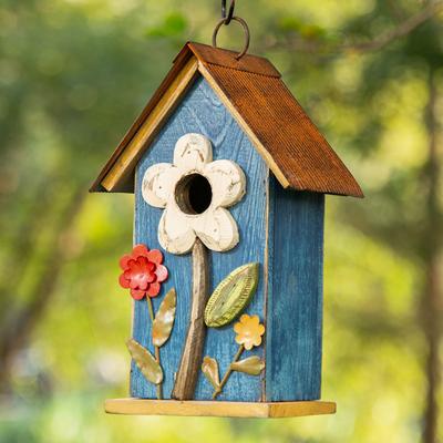 Show full view: Glitzhome Distressed Solid Wood Birdhouse with 3D Flowers, Blue slide 5 of 8