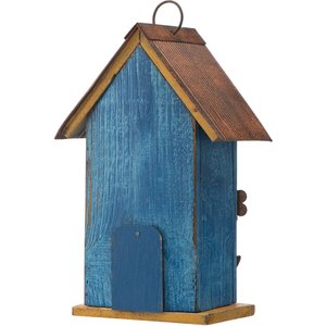 Glitzhome Distressed Solid Wood Birdhouse with 3D Flowers, Blue