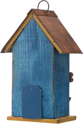Show full view: Glitzhome Distressed Solid Wood Birdhouse with 3D Flowers, Blue slide 6 of 8