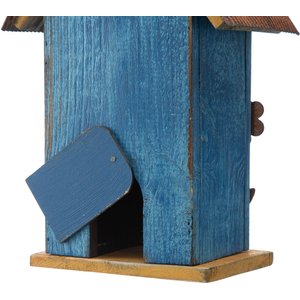 Glitzhome Distressed Solid Wood Birdhouse with 3D Flowers, Blue