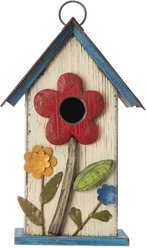 Glitzhome Distressed Solid Wood Birdhouse with 3D Flowers, White