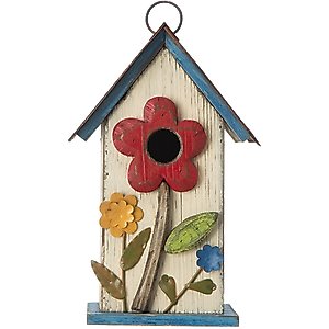 Glitzhome Distressed Solid Wood Birdhouse with 3D Flowers, White