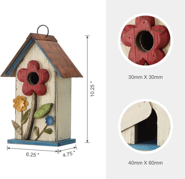 Glitzhome Distressed Solid Wood Birdhouse with 3D Flowers