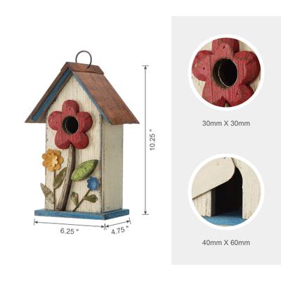 Show full view: Glitzhome Distressed Solid Wood Birdhouse with 3D Flowers, White slide 2 of 8