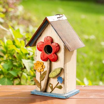 Show full view: Glitzhome Distressed Solid Wood Birdhouse with 3D Flowers, White slide 4 of 8