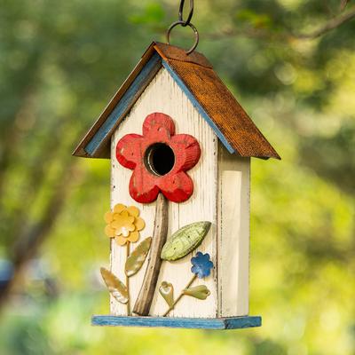 Show full view: Glitzhome Distressed Solid Wood Birdhouse with 3D Flowers, White slide 8 of 8