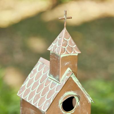 Show full view: Glitzhome Farmhouse Faux Copper Distressed Metal Church Outdoor Decorative Garden with Stake Birdhouse, Yellow slide 6 of 9