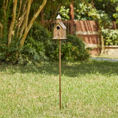 Show full view: Glitzhome Farmhouse Faux Copper Distressed Metal Church Outdoor Decorative Garden with Stake Birdhouse, Yellow slide 3 of 9