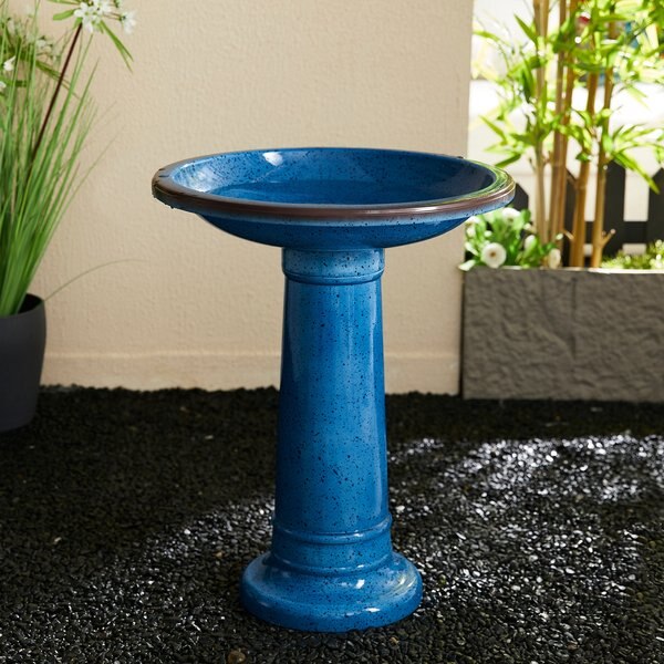 Glitzhome Faux Ceramic Tall Pedestal Bird Bath, Cobalt Blue