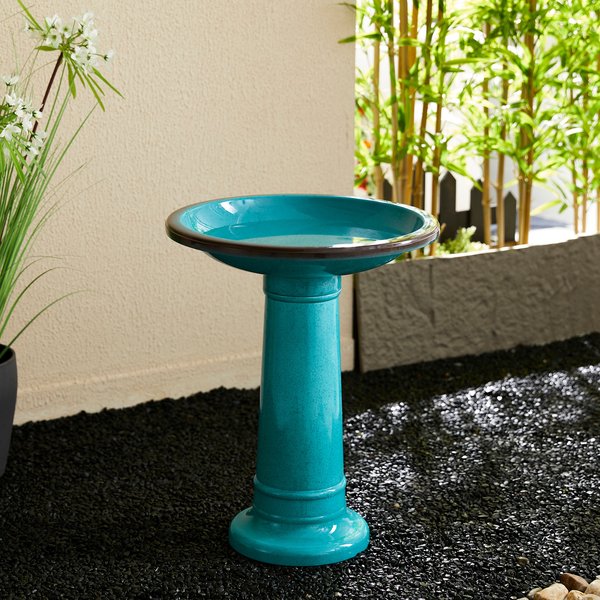 Glitzhome Faux Ceramic Tall Pedestal Bird Bath, Turquoise