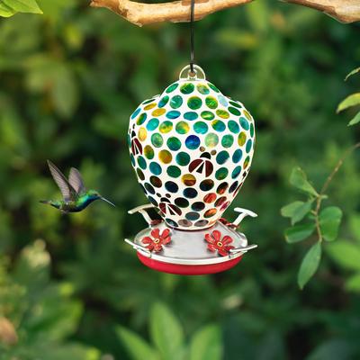 Show full view: Glitzhome Glass Hanging Dots & Ladybugs Mosaic Bird Feeder, Blue/Green slide 5 of 9