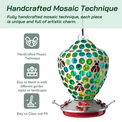 Show full view: Glitzhome Glass Hanging Dots & Ladybugs Mosaic Bird Feeder, Blue/Green slide 4 of 9