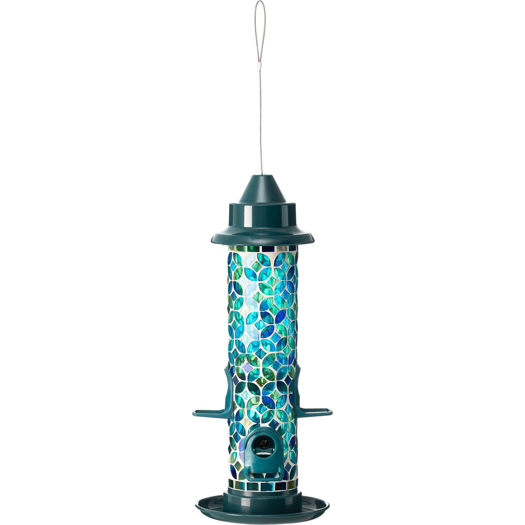 Glitzhome Glass Tall Hanging Mosaic Bird Feeder, Blue/Green